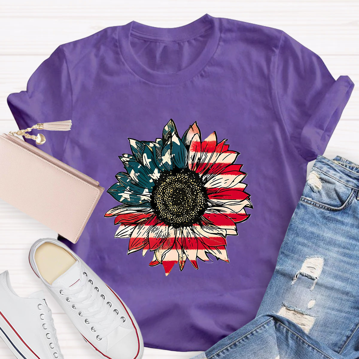 US Flag Flower Teacher T-Shirt