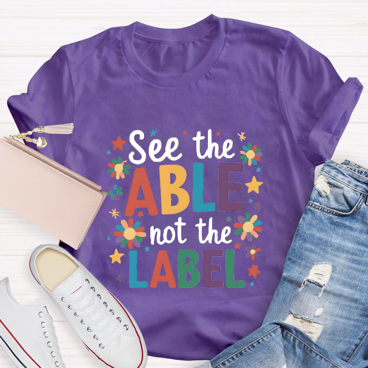 Floral See The Able Not the Label Teacher T-Shirt