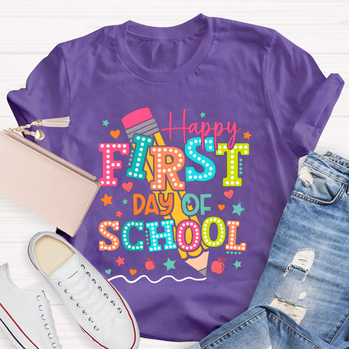 Pencil Dot Happy First Day Of School Teacher T-Shirt