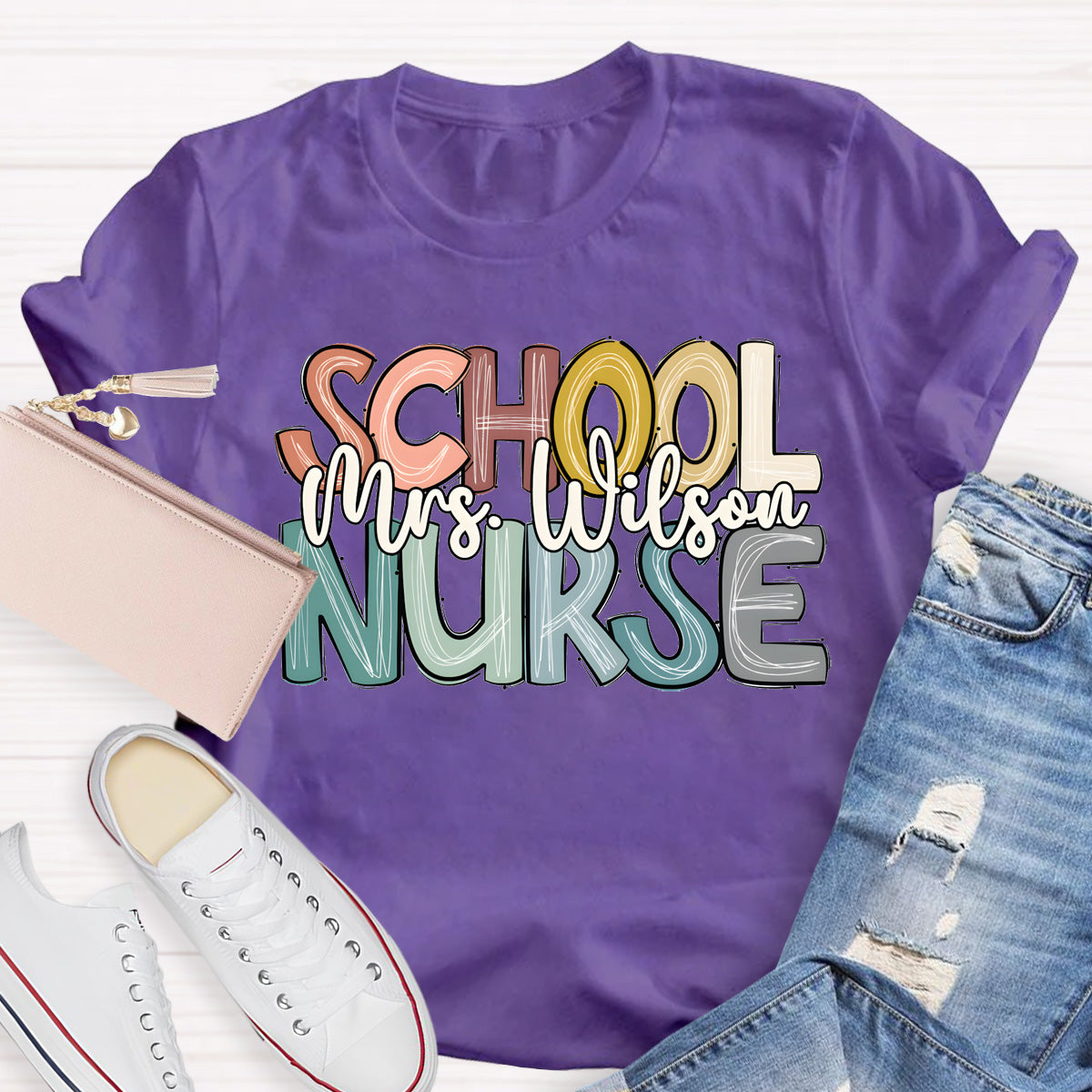 Personalized School Nurse Name Colorful Letter T-Shirt