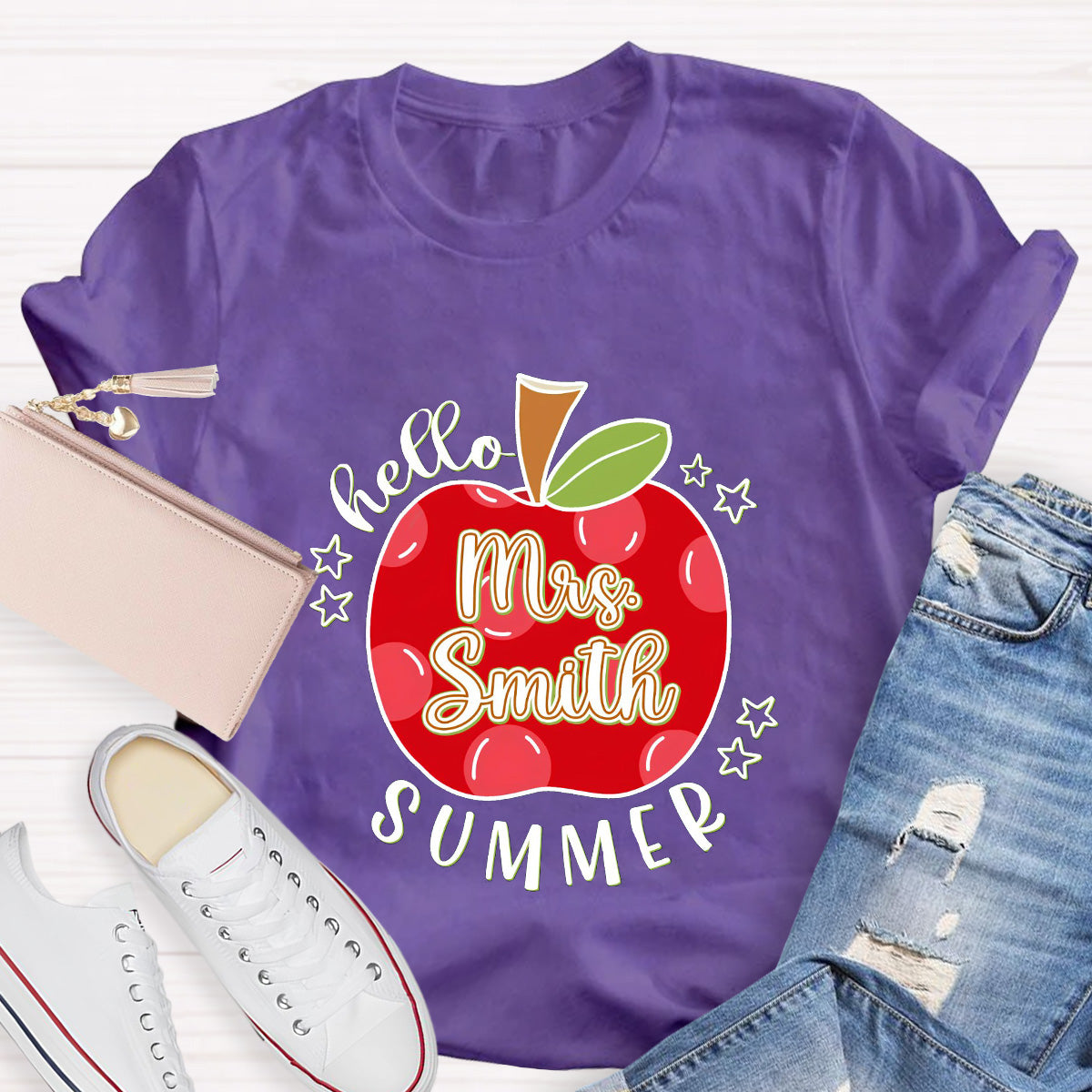 Personalized Name Apple Hello Summer Teacher T-Shirt