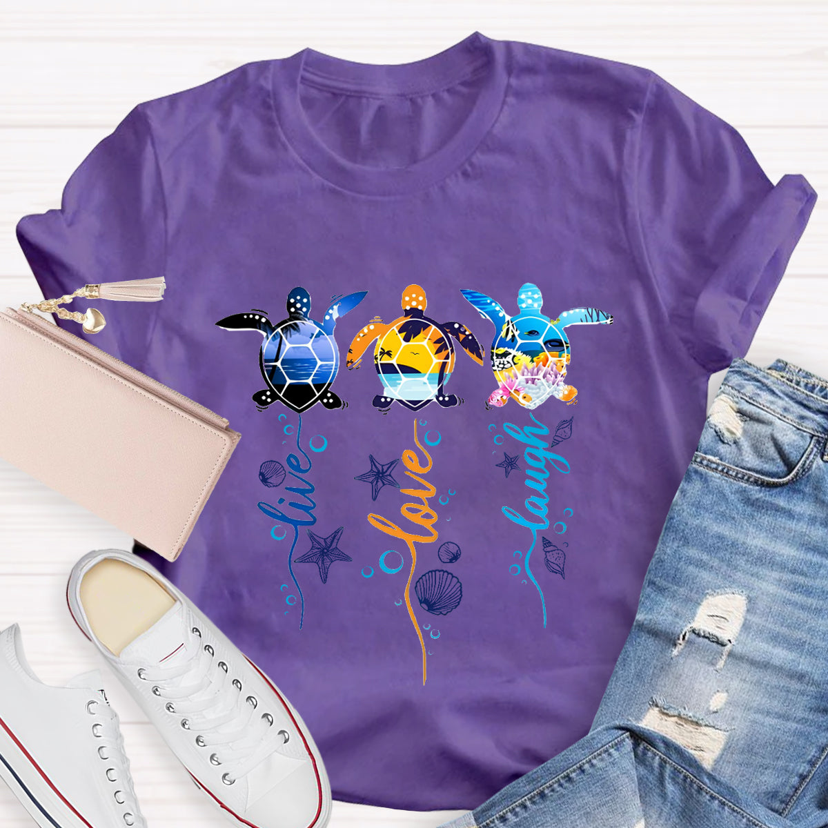 Purple and Pink Sea Turtle Swimming in Blue Ocean T-Shirt