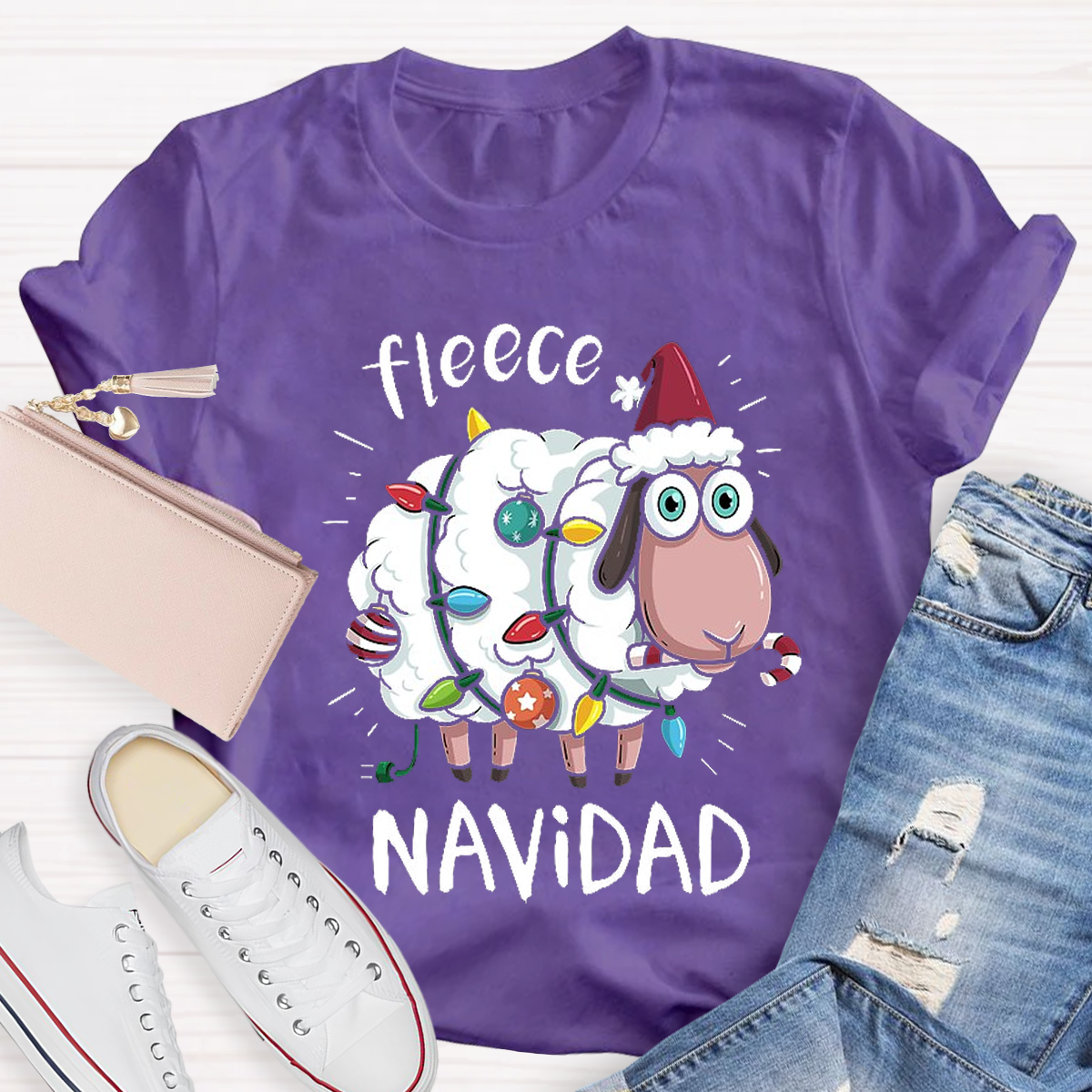 Feliz Navidad Sheep Fleece Funny Christmas Lights Teacher T-Shirt