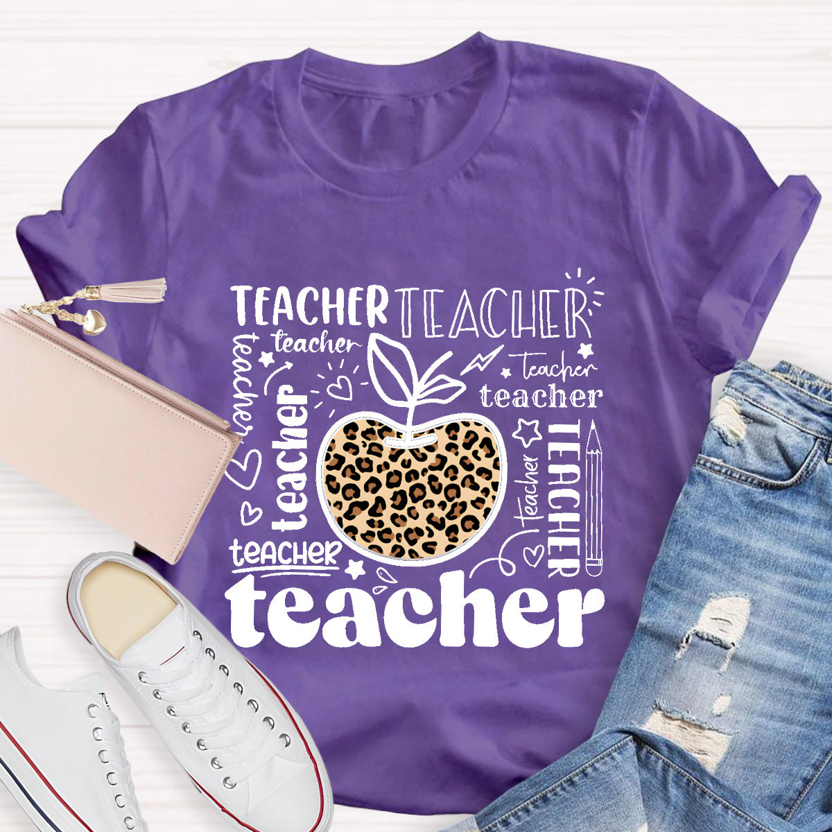 Teacher Various Fonts Various Fonts Leopard Apple T-Shirt