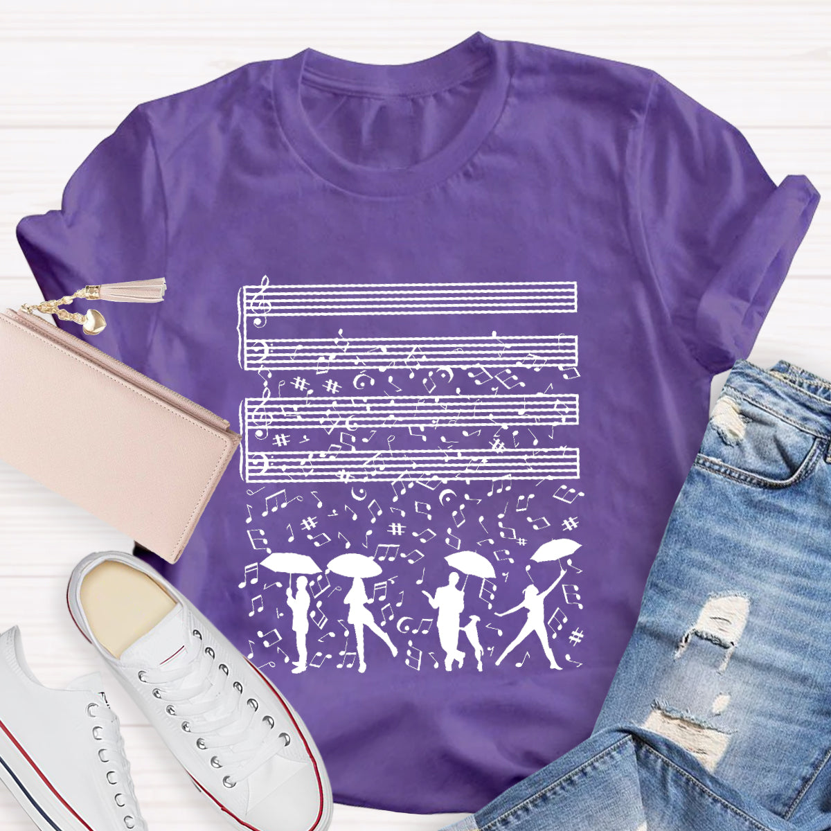 Dancing On The Rainy Night Under The Musical Notes Teacher T-Shirt