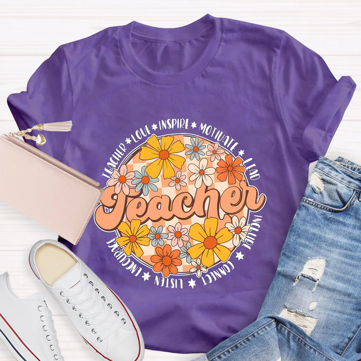 Love Motivate Inspire Floral Teacher T-Shirt