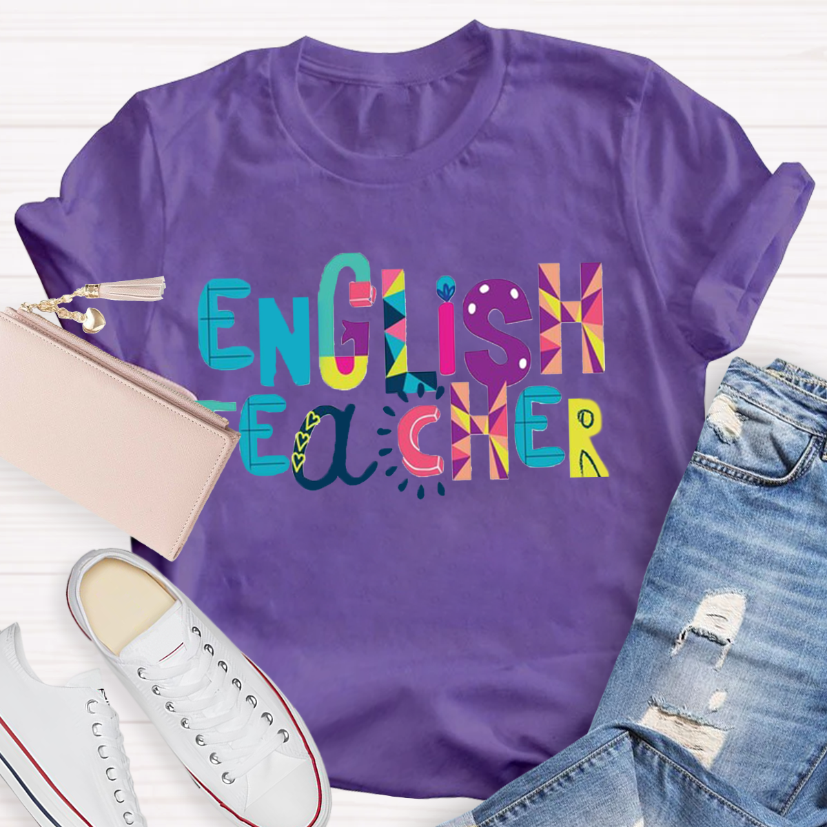 Artistic Color Block Design English Teacher T-Shirt