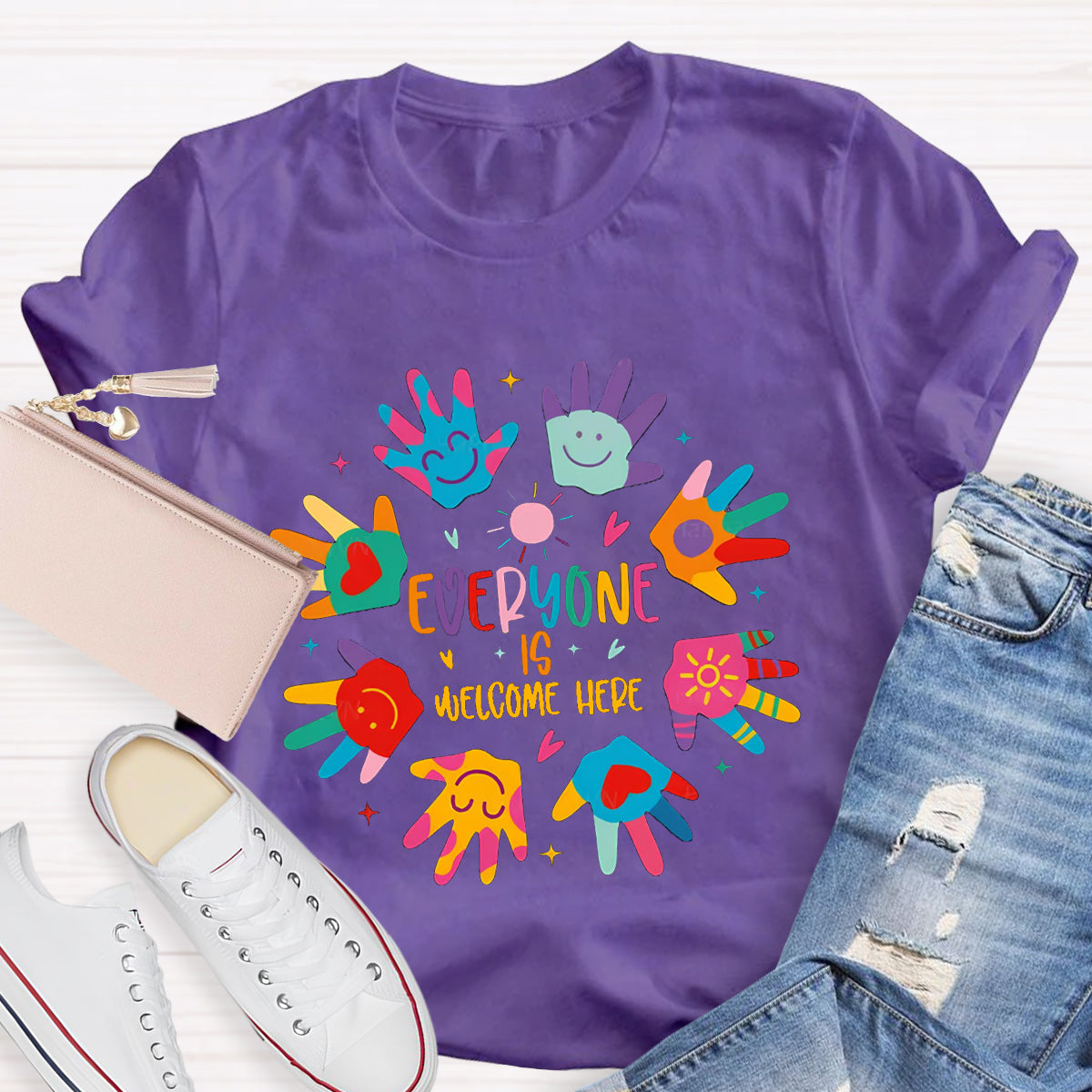 Everyone Is Welcome Here Colorful Hands Teacher T-Shirt