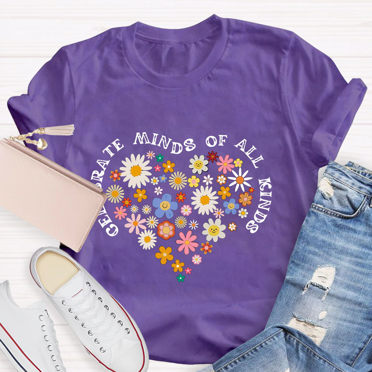 Celebrate Minds of All Kinds Floral Heart T-Shirt