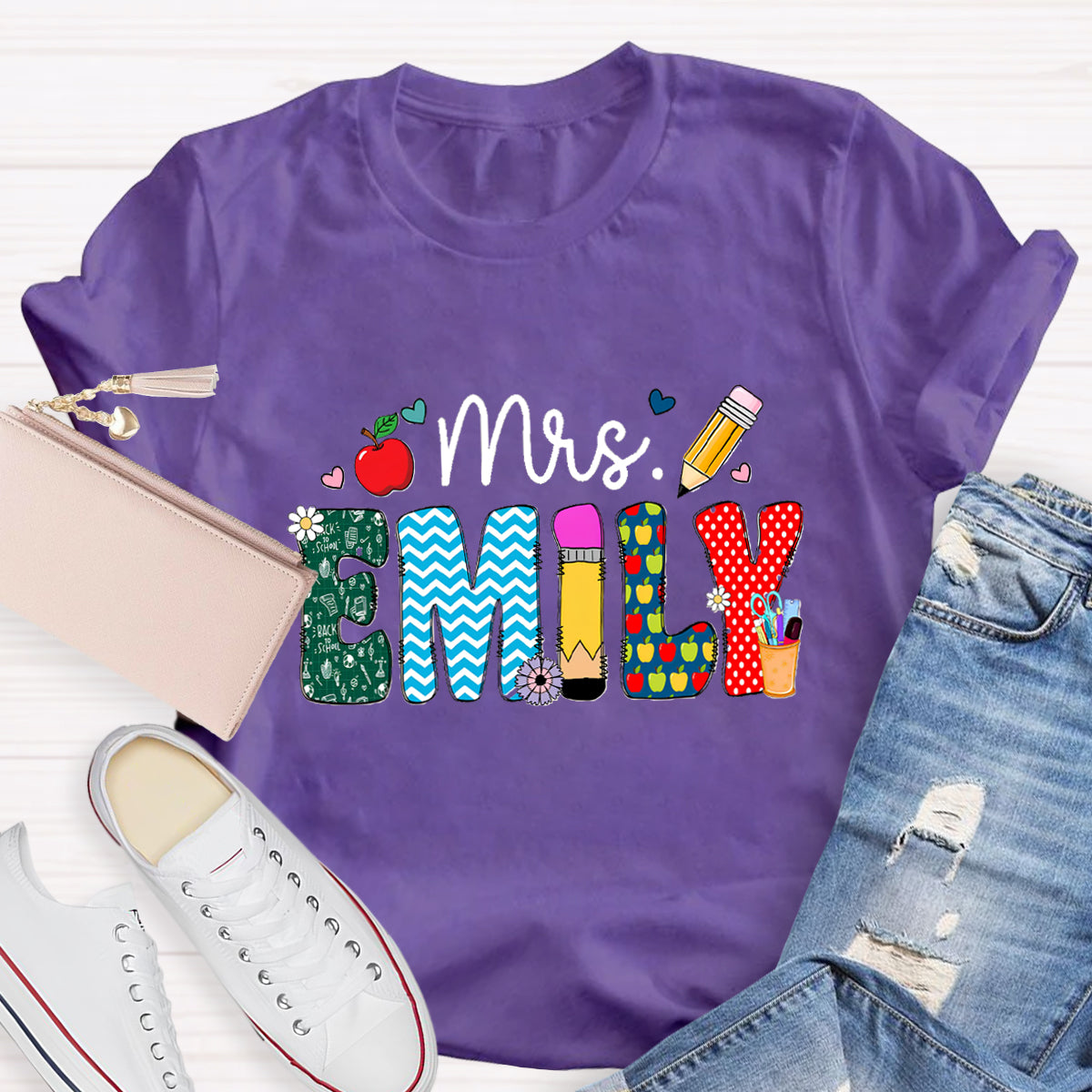 Personalized Name Beautiful Flower Emily Teacher T-Shirt