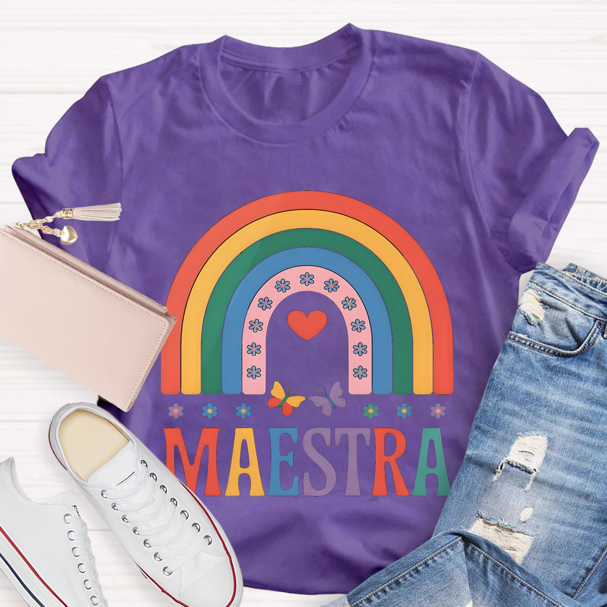 Rainbow Butterfly Maestra Bilingual Teacher T-Shirt