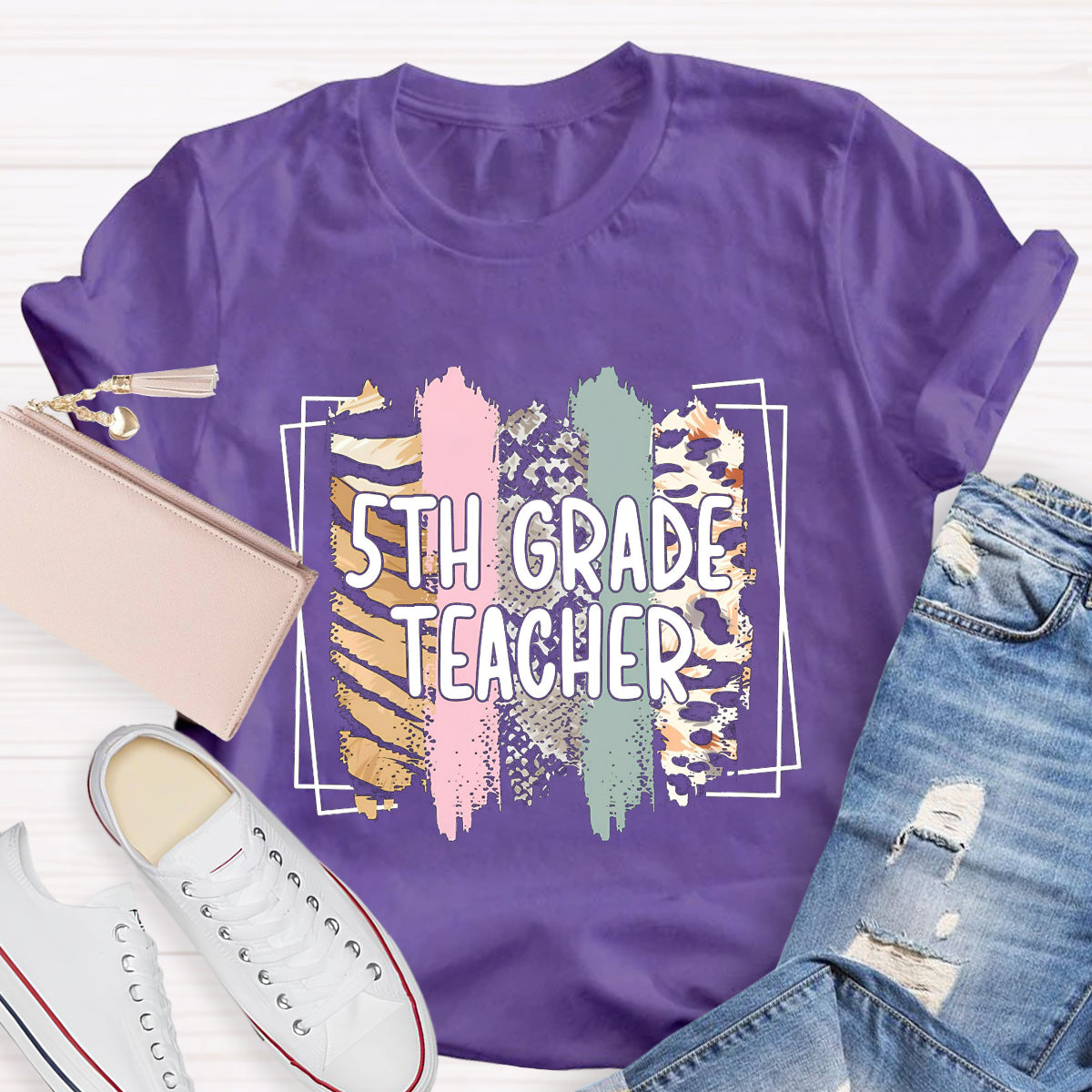 Personalized Grade Color Block 5th Grade Teacher T-Shirt