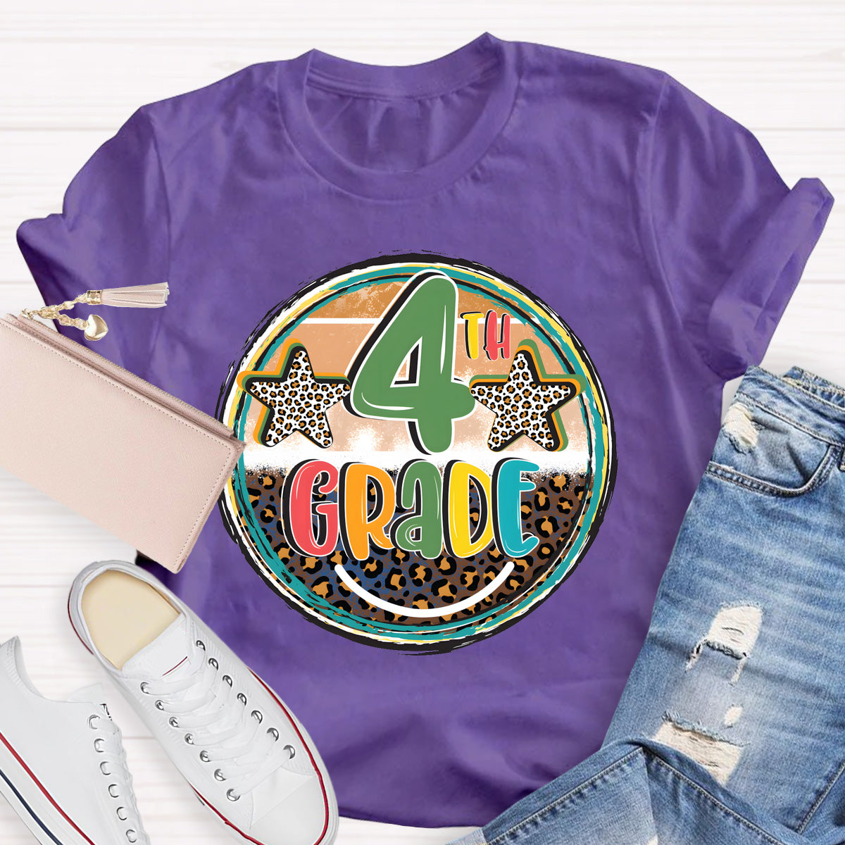 Personalized Grade Leopard Star 4th Grade Teacher T-Shirt