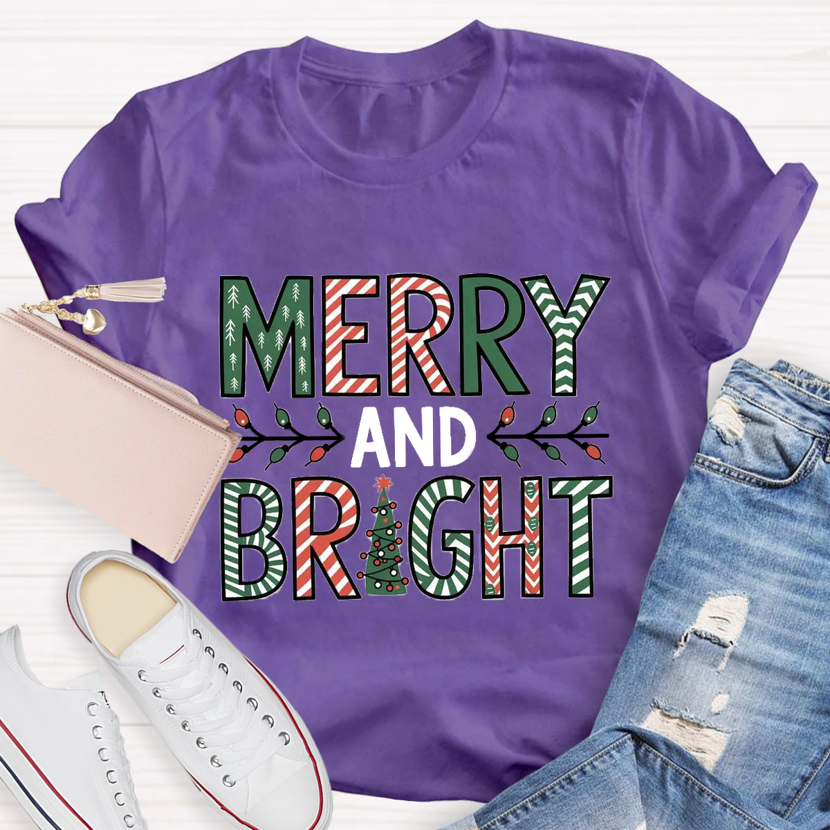 Merry And Bright Christmas Tree Teacher T-Shirt