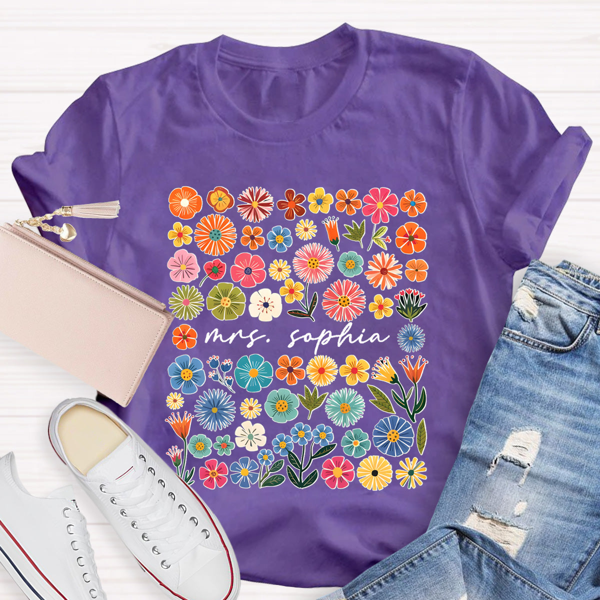 Personalized Name Vintage Florals l Teacher T-Shirt