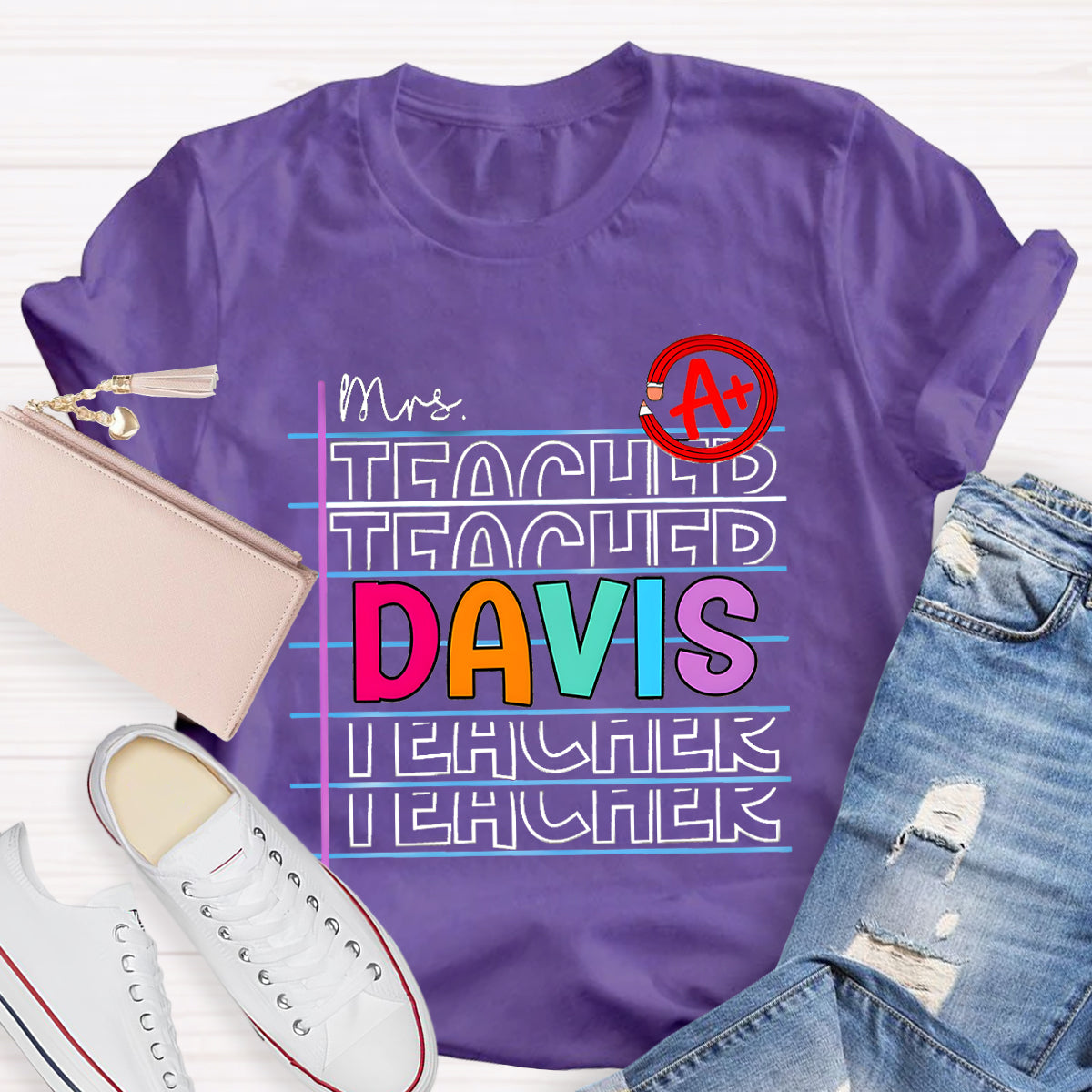 Personalized Name Colorful Letters Teacher T-Shirt