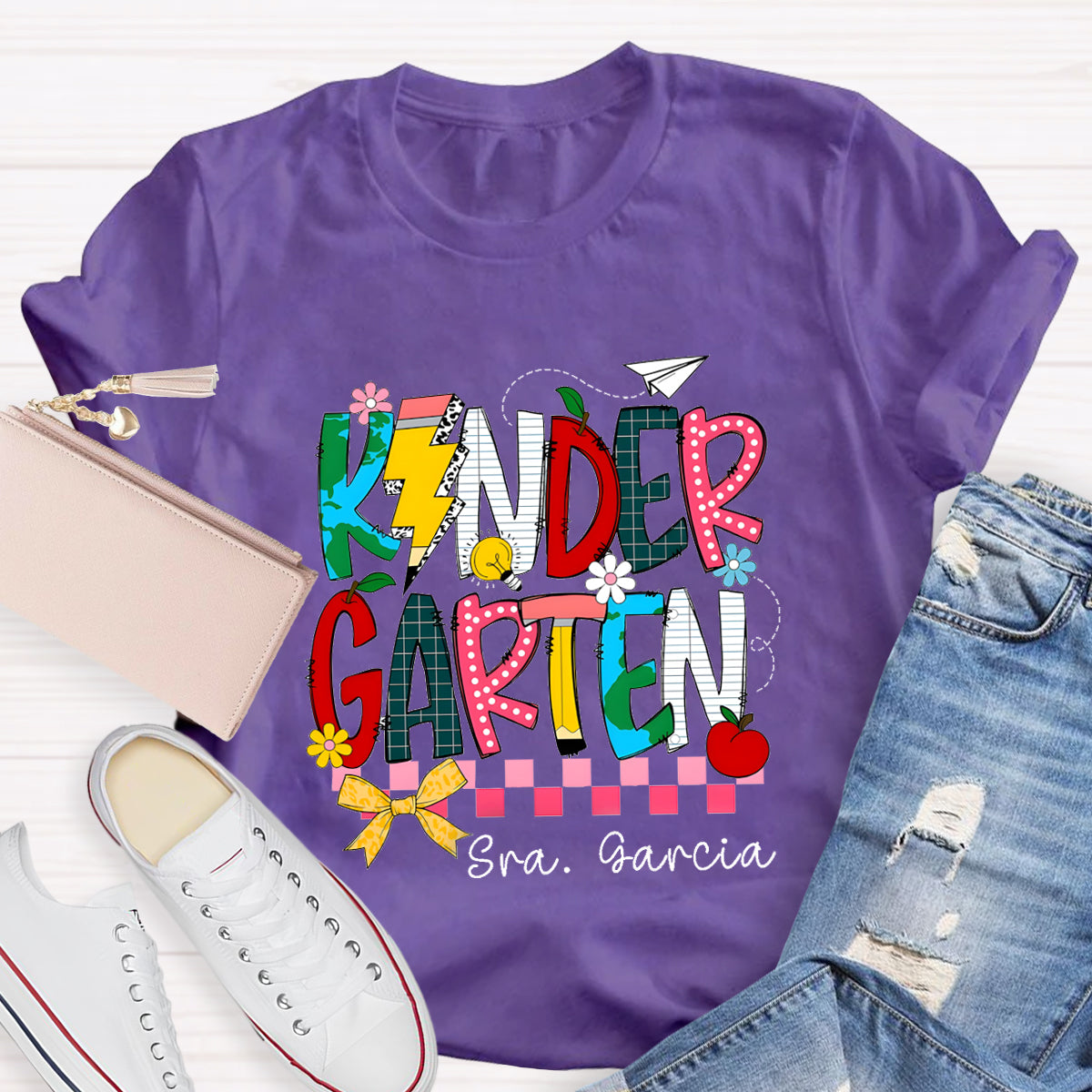 Personalized Grade And Name  Apple Pencil light Teacher T-Shirt