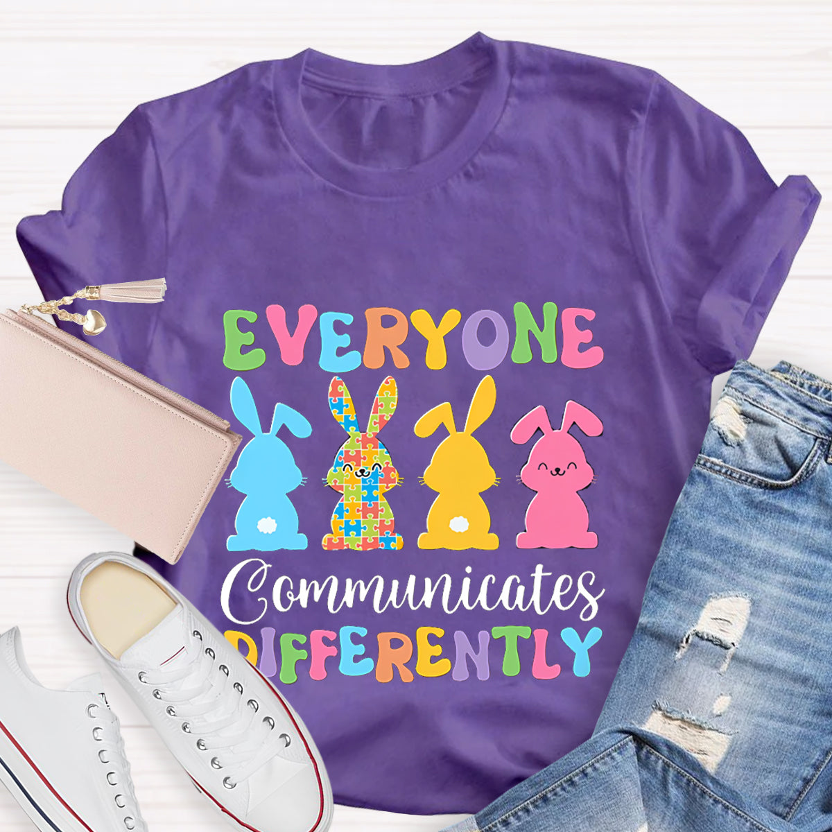 Everyone Communicates Differently Bunny Teacher T-Shirt
