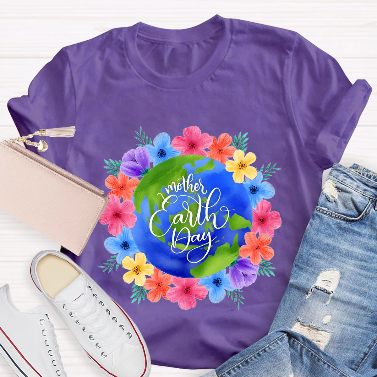 Blue Earth Day Floral Teacher T-Shirt