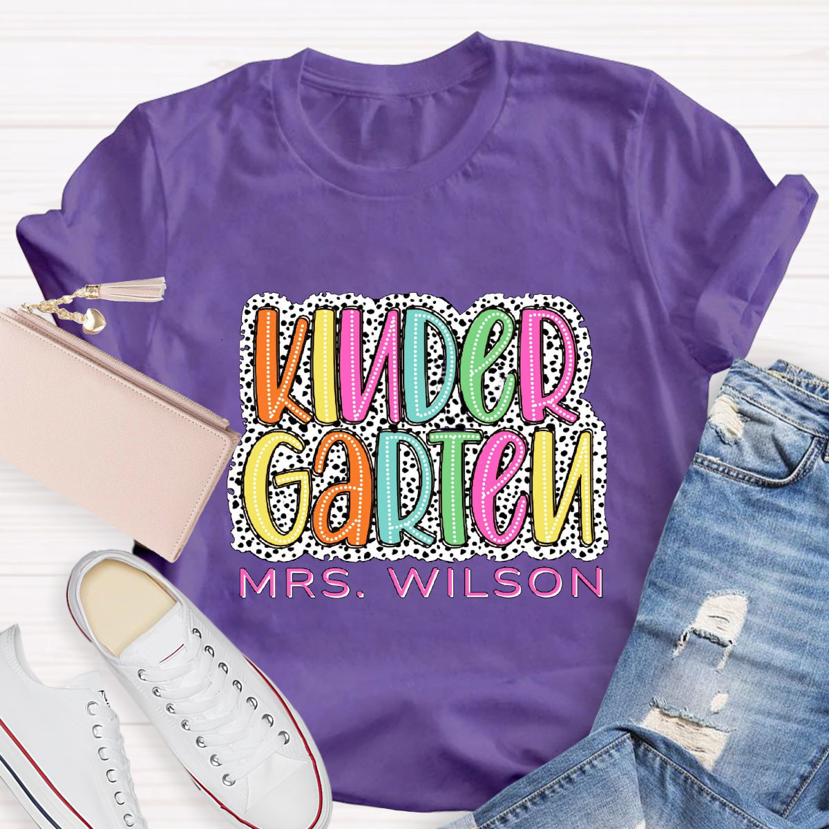 Personalized Name And Grade Neon Lights And Polka Dots Teacher T-Shirt