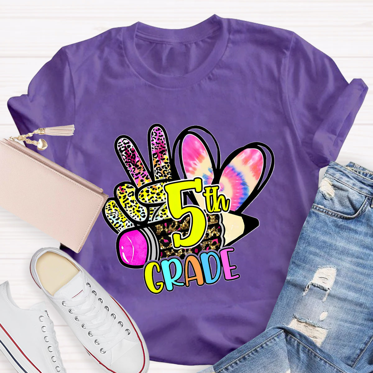 Personalized Grade Colorful Leopard Heart 5th Grade Teacher T-Shirt