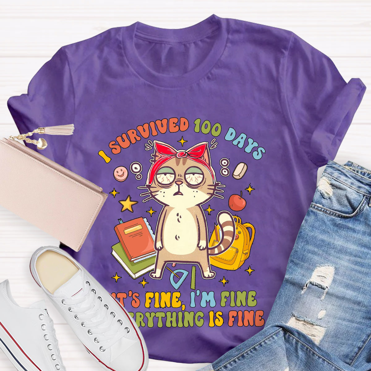 I Survived 100 Days Everything Is Fine Funny Cat T-Shirt