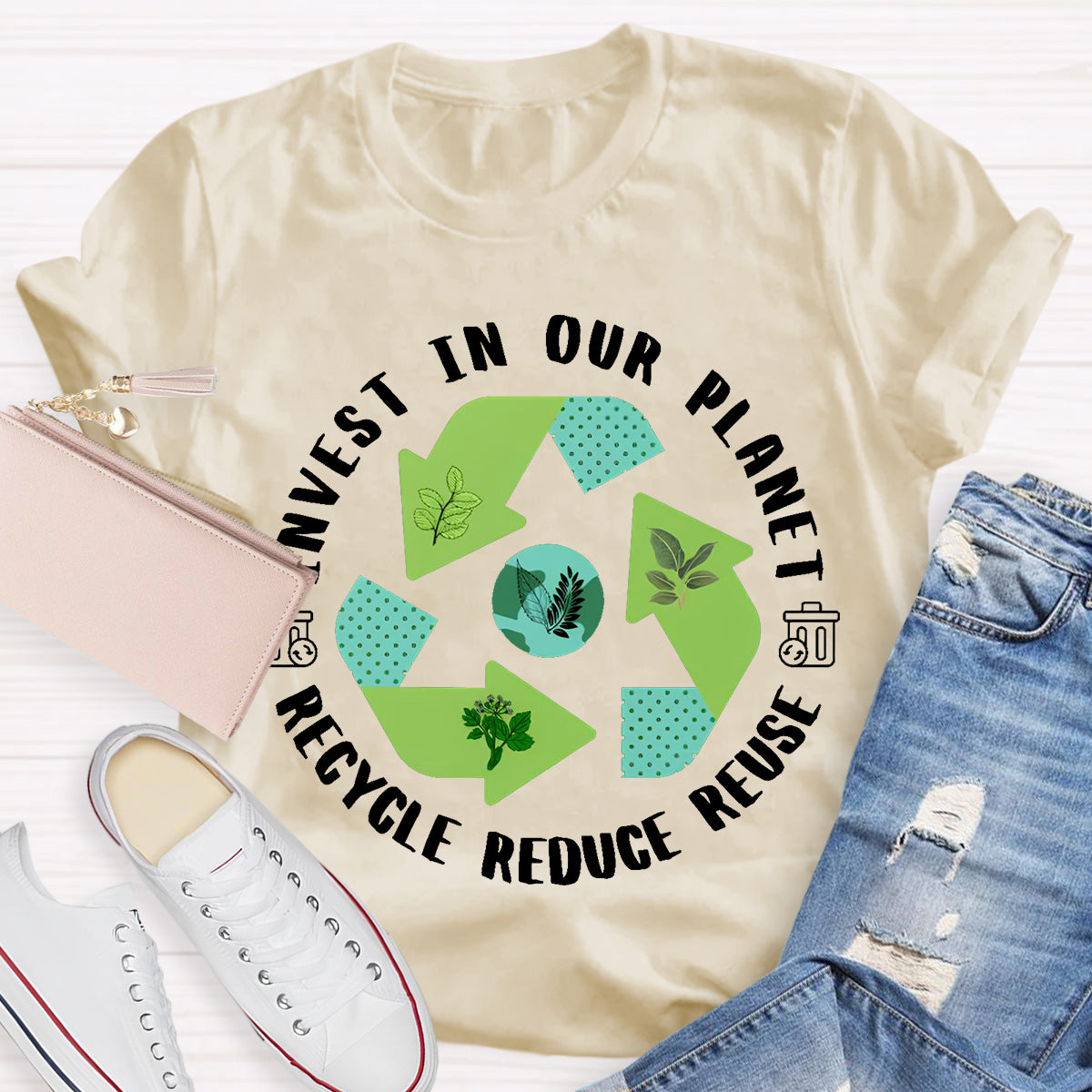 Invest In Our Planet Recycle Reduce Reuse Earth Day T-Shirt