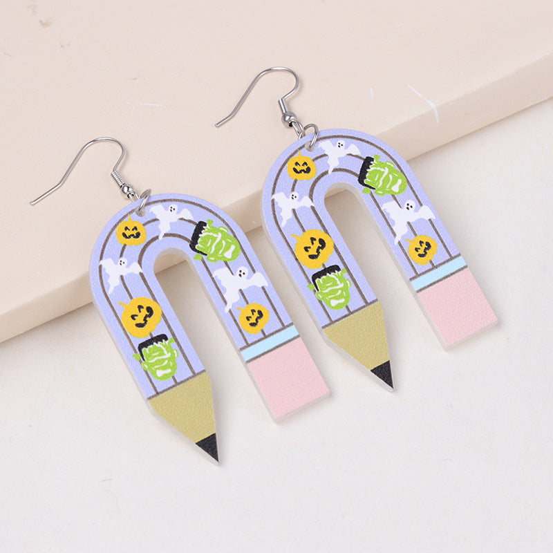 Ghost U-Shaped Pencil Spider Pumpkin Earrings