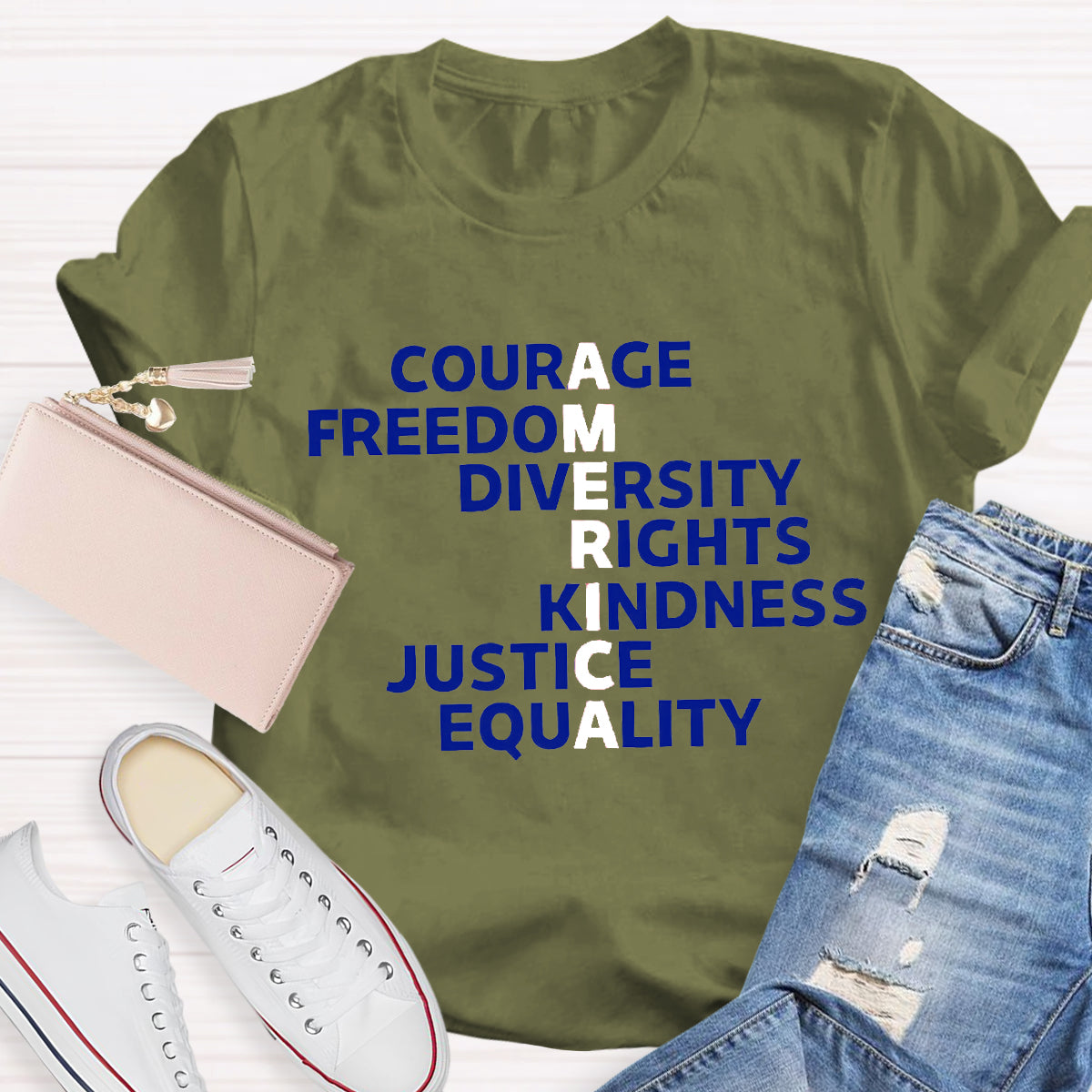 Courage Freedom Diversity Right Kindness Justice Equality America Teacher T-Shirt