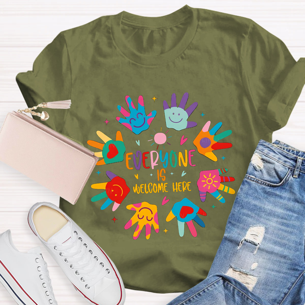 Everyone Is Welcome Here Colorful Hands Teacher T-Shirt