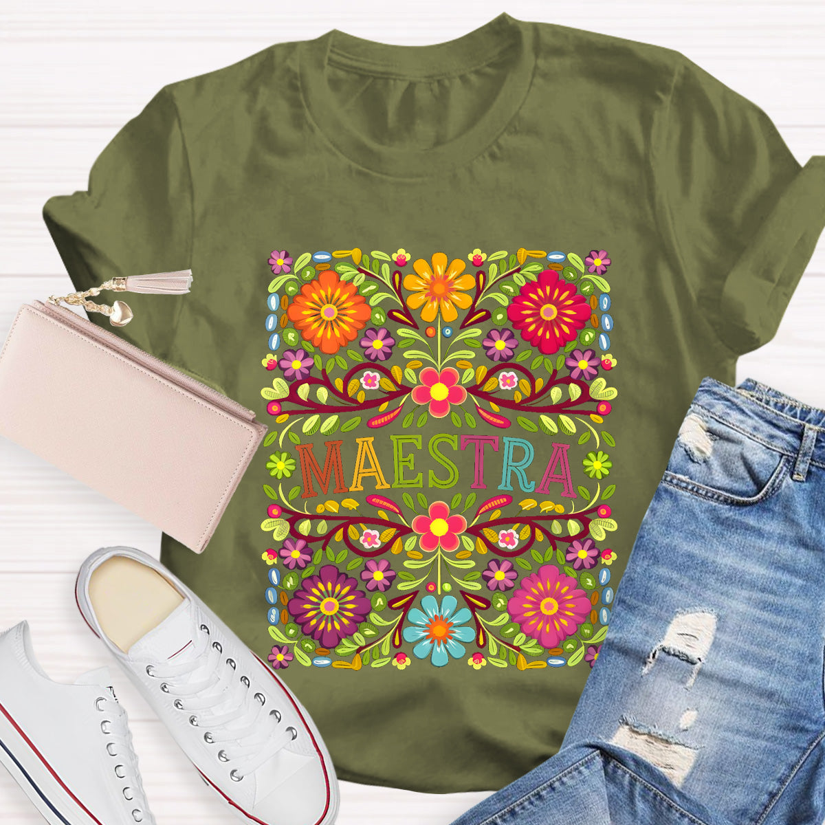 Vintage Floral Maestra Bilingual Teacher T-Shirt