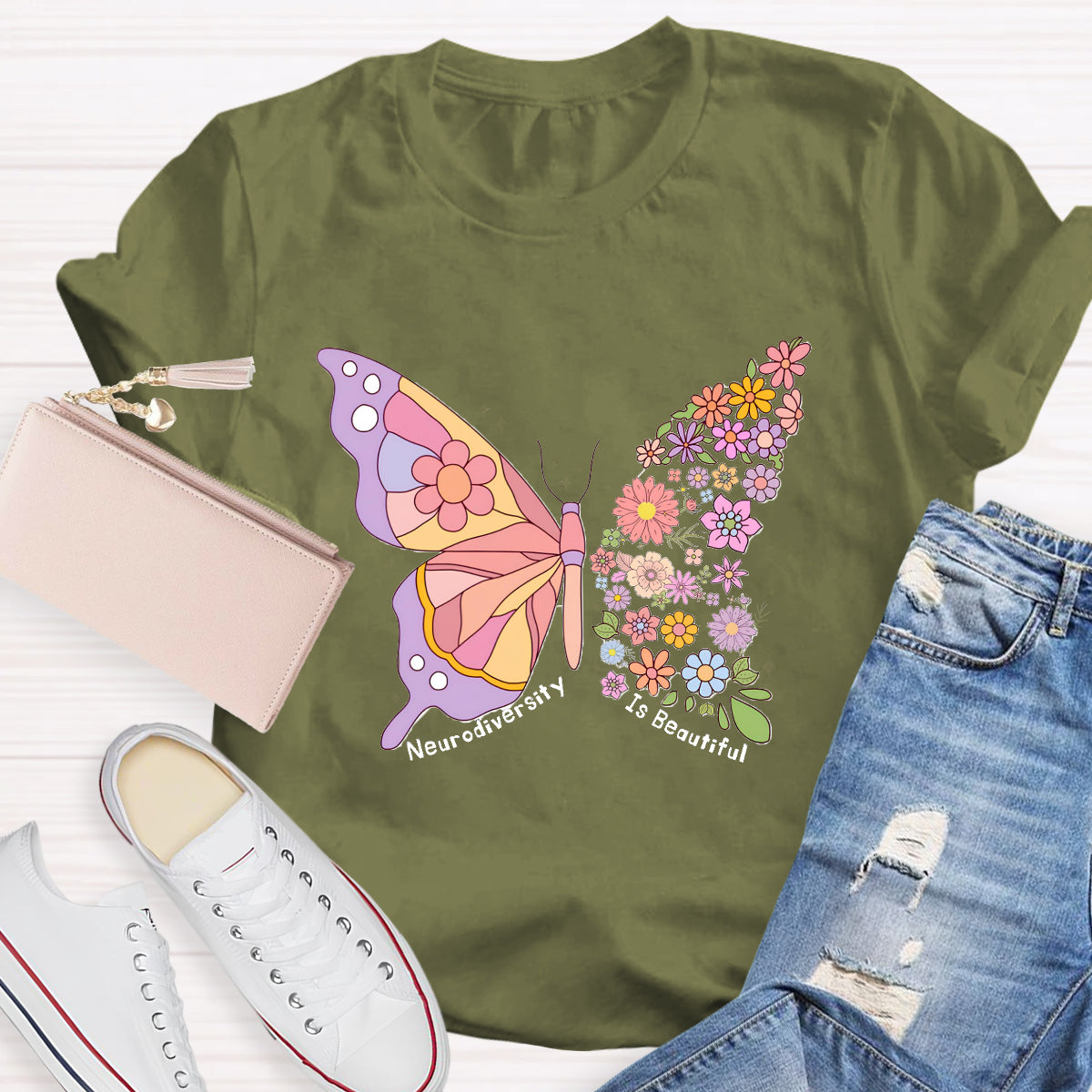 Neurodiversity Is Beautiful Floral Butterfly Teacher T-Shirt
