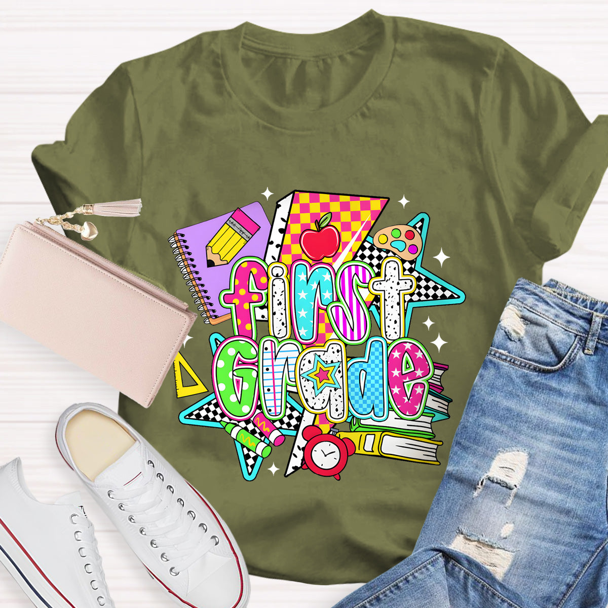 Personalized Grade First Grade Teacher Books Pencil T-Shirt