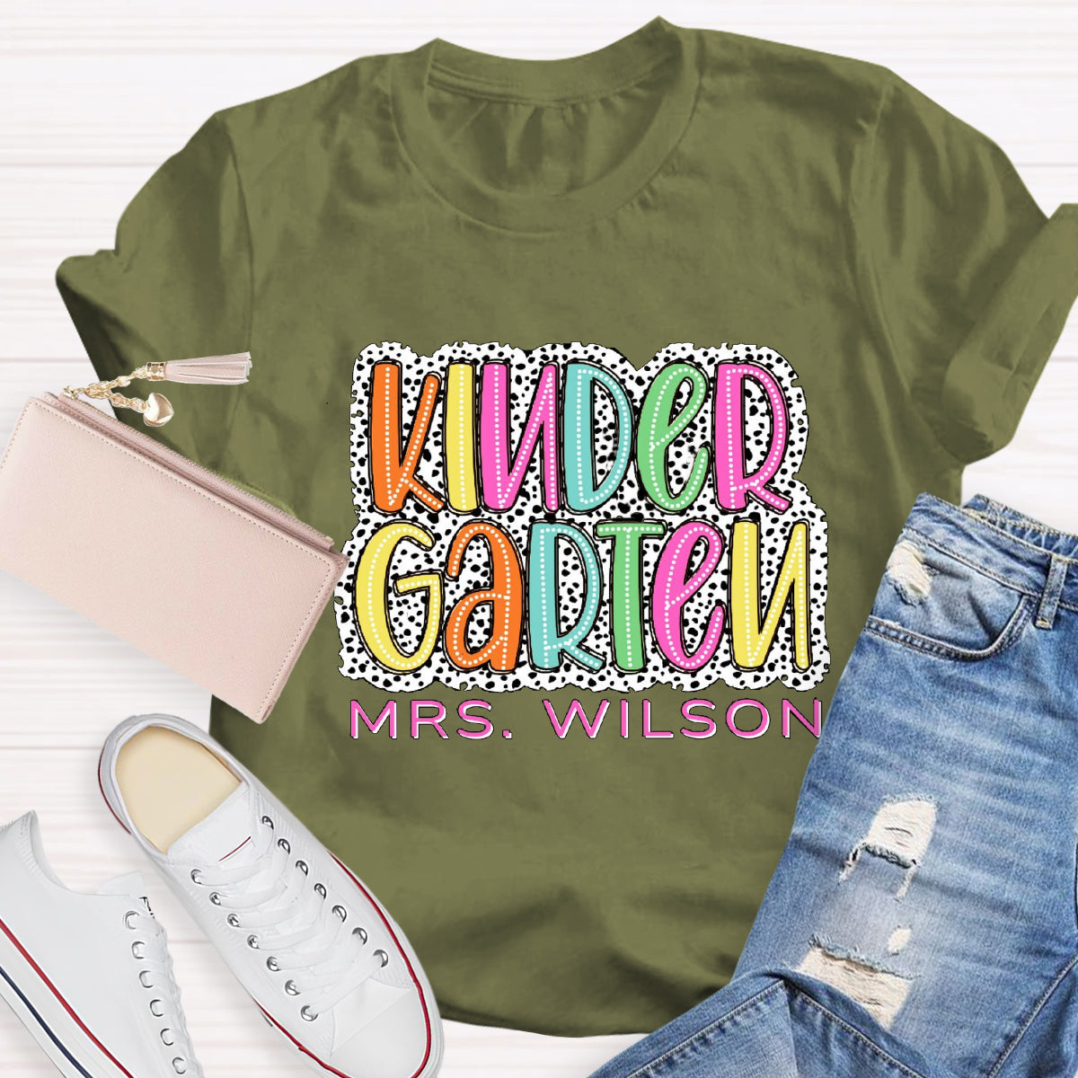 Personalized Name And Grade Neon Lights And Polka Dots Teacher T-Shirt
