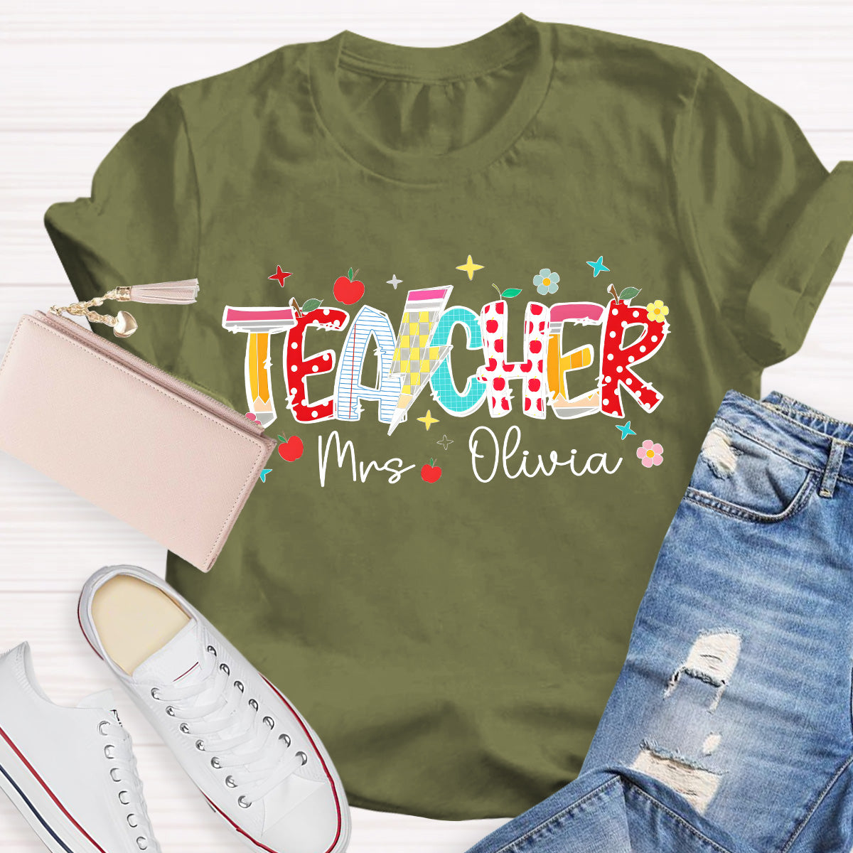 Personalized Name Star And Flower Teacher T-Shirt