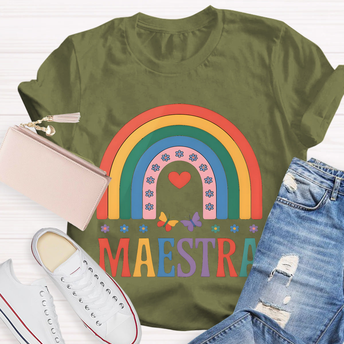 Rainbow Butterfly Maestra Bilingual Teacher T-Shirt