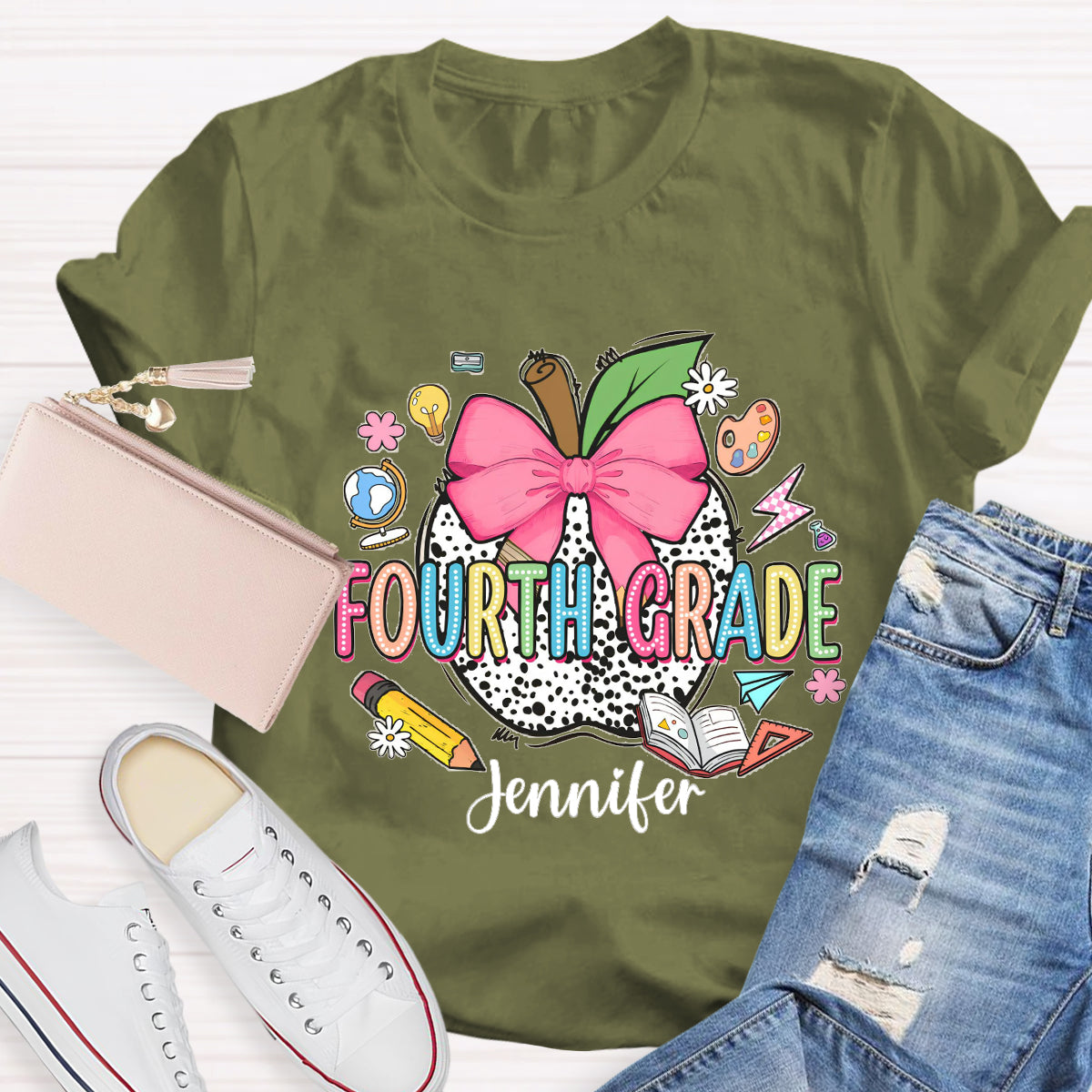 Personalized Teacher Name And Grade leopard print Apple T-Shirt