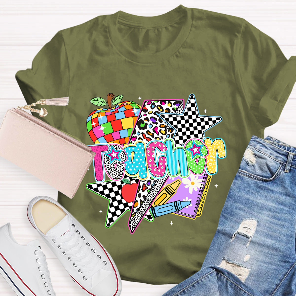Colorful Leopard Apple Teacher Back To School T-Shirt