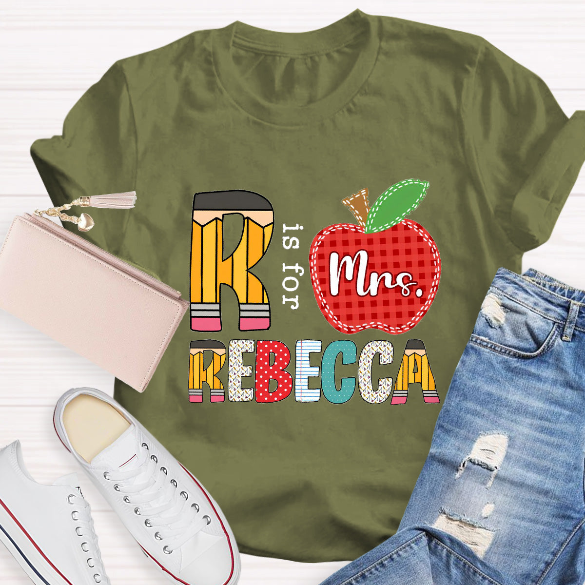 Personalized Name Red Apple R Is For Rebecca Teacher T-Shirt
