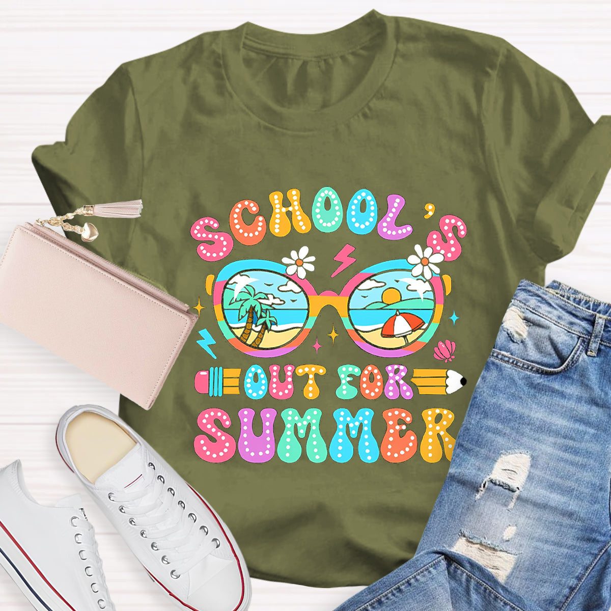 School's Out For Summer Beach Pencil Teacher T-Shirt