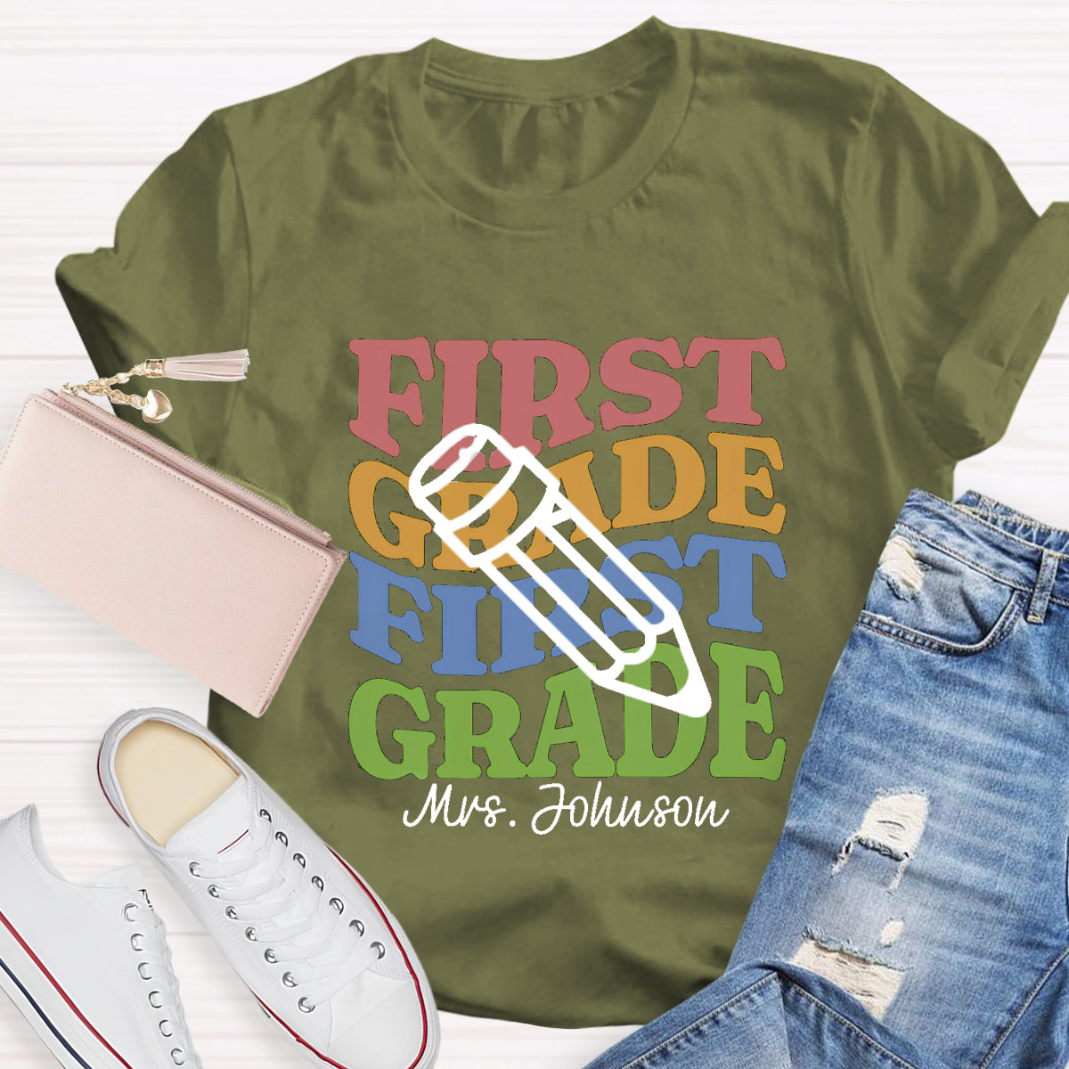 Personalized Teacher Grade And Name Pencil Back To School T-Shirt
