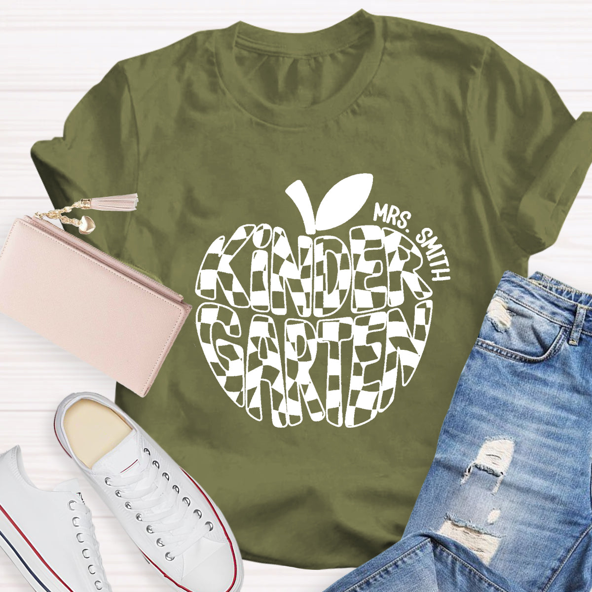 Personalized Name Kinder Garten Teacher Apple T-Shirt
