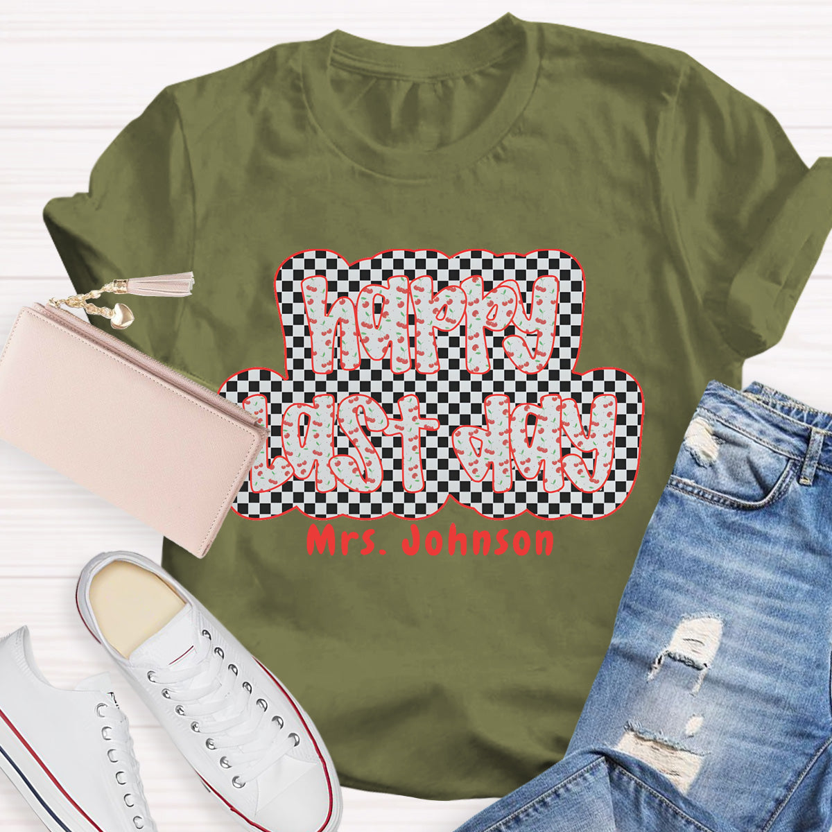 Personalized Name Happy Last Day Checkerboard T-Shirt