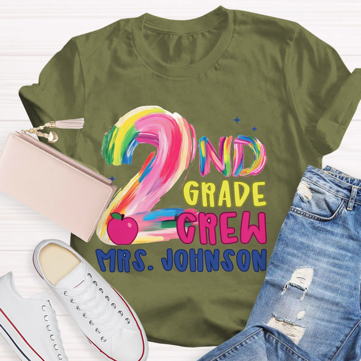 Personalized Grade And Name Pink Apple Teacher T-Shirt