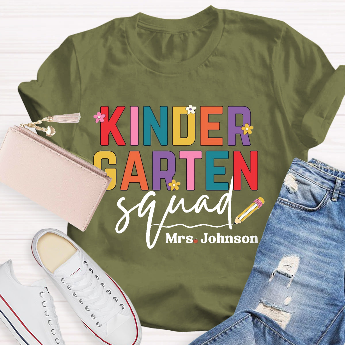 Personalized Grade And Name Teacher Squad Floral Pencil T-Shirt