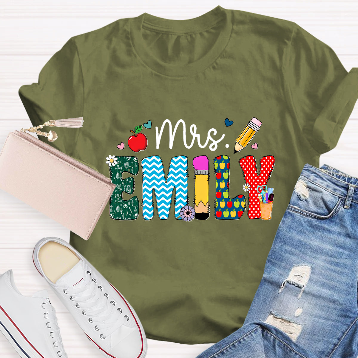 Personalized Name Beautiful Flower Emily Teacher T-Shirt