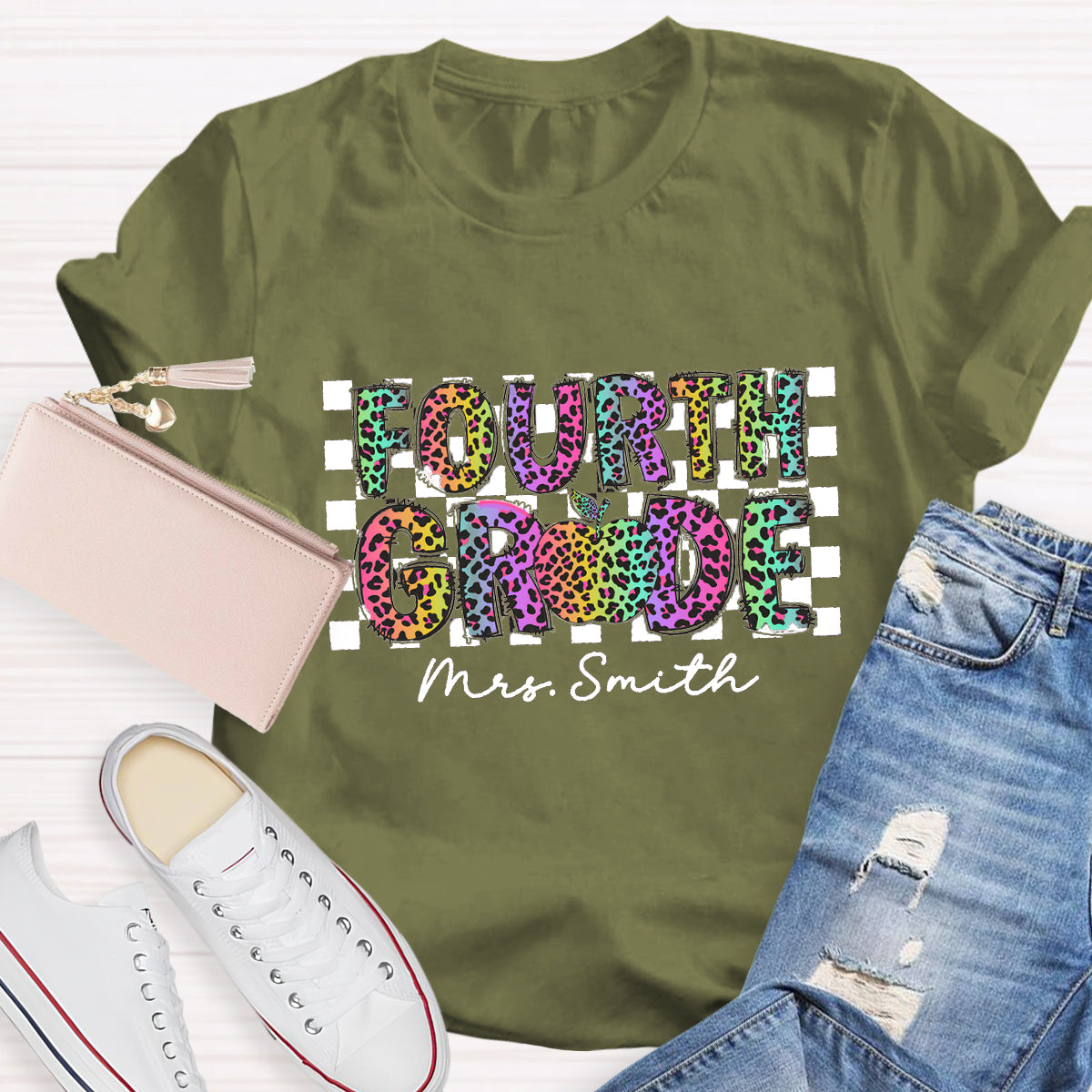Personalized Grade And Name Colorful Leopard Print Teacher T-Shirt