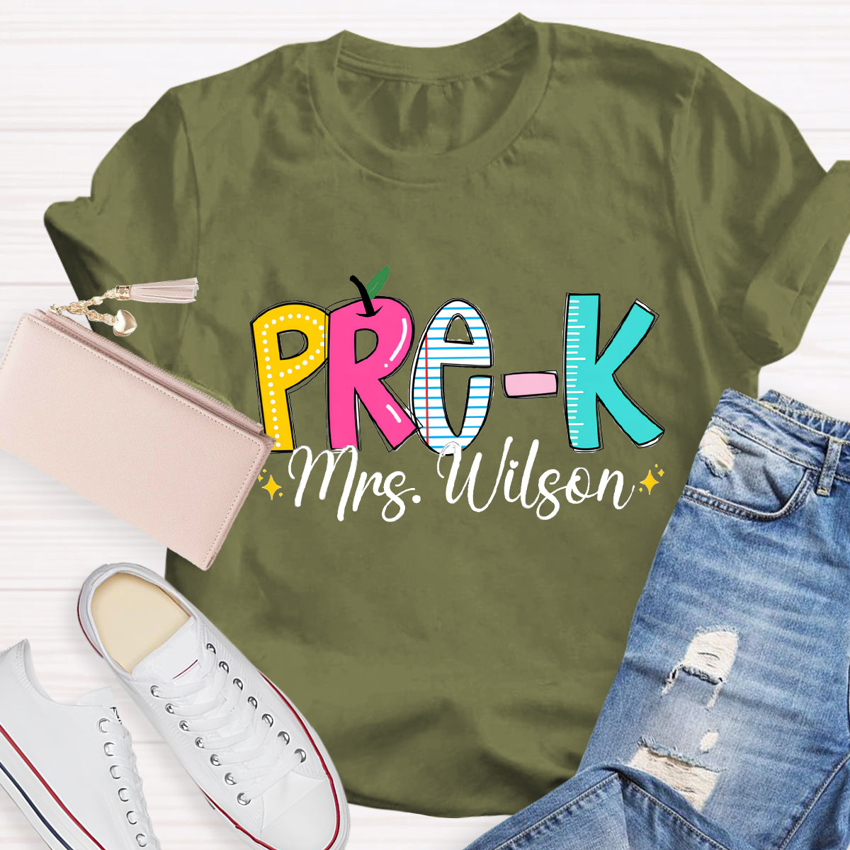 Personalized Grade And Teacher Name Apple Ruler Printed T-Shirt