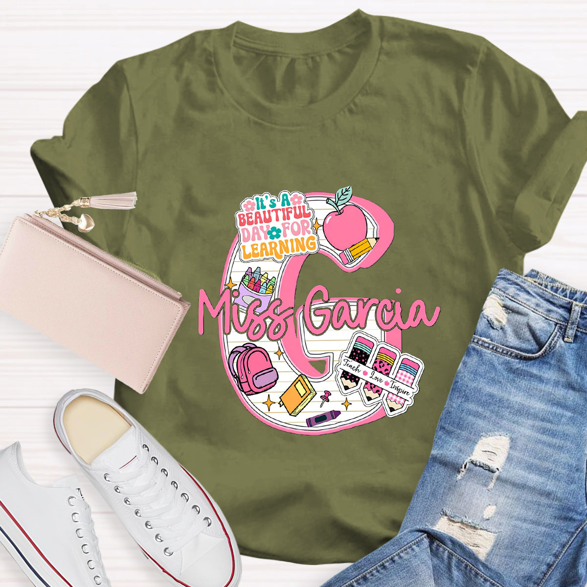 Personalized Name It's A Beautiful Day For Learning Teacher T-Shirt