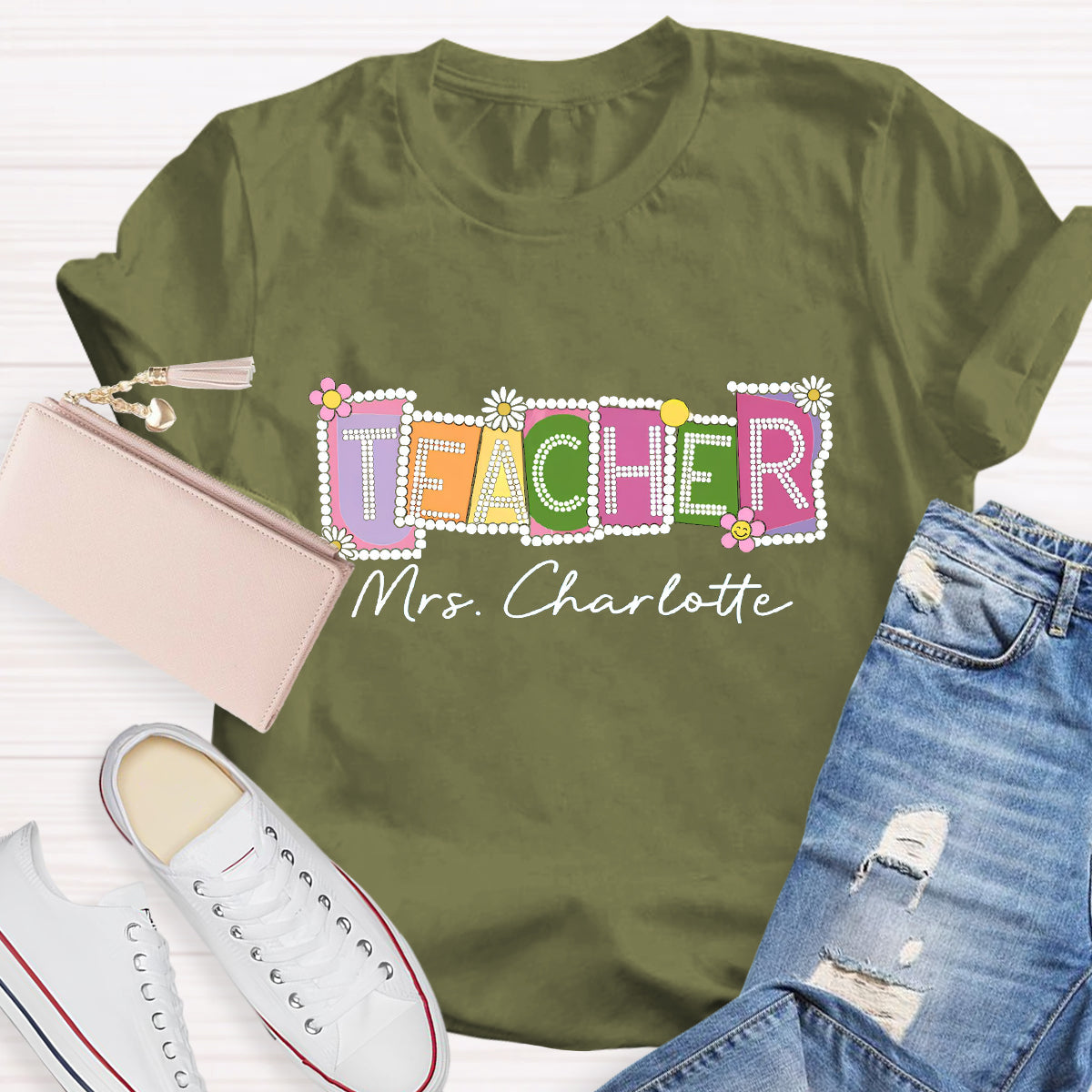 Personalized Teacher Name Contrasting Flowers T-Shirt